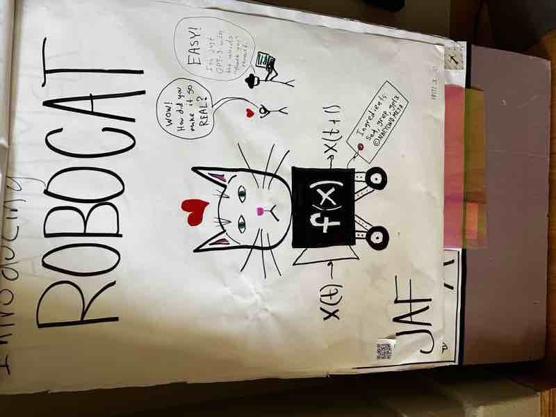 Introducing Robocat — a diagram analyzing the RLHF training layers of a language model. Hand-drawn on poster paper, markers, 2023.